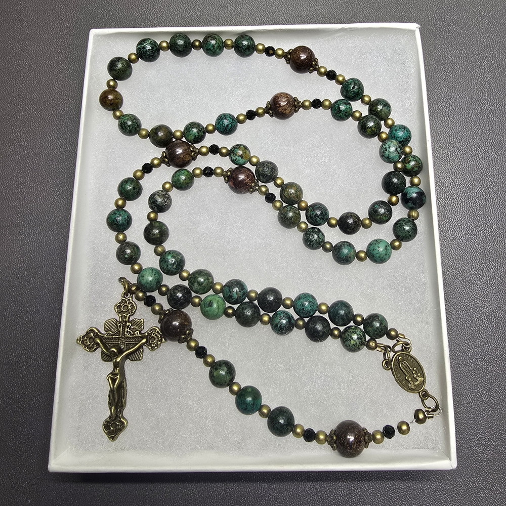 Green and Brown Beaded Rosary with Gold Cross
